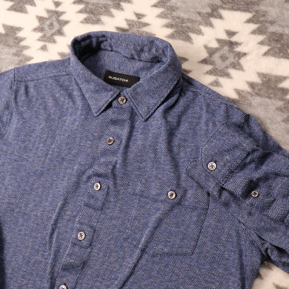 Bugatchi Blue Herringbone Mercerized Cotton Button Down Shirt Boys Medium